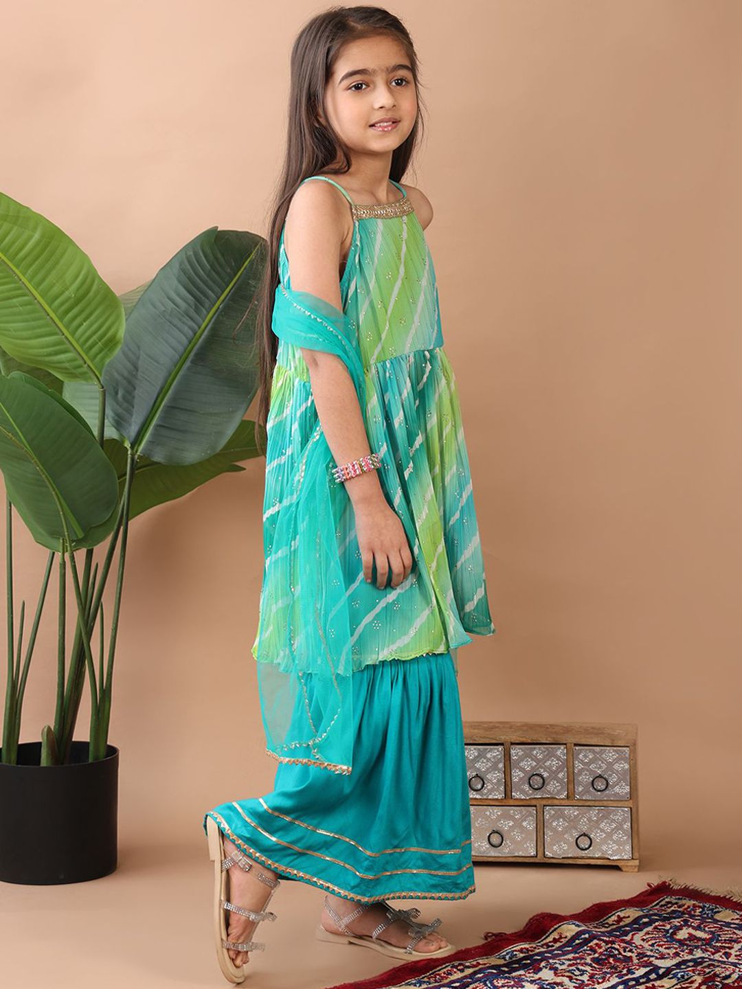 X Kinder Kids Girls Leheriya Printed Kurti with Sharara And Dupatta 3