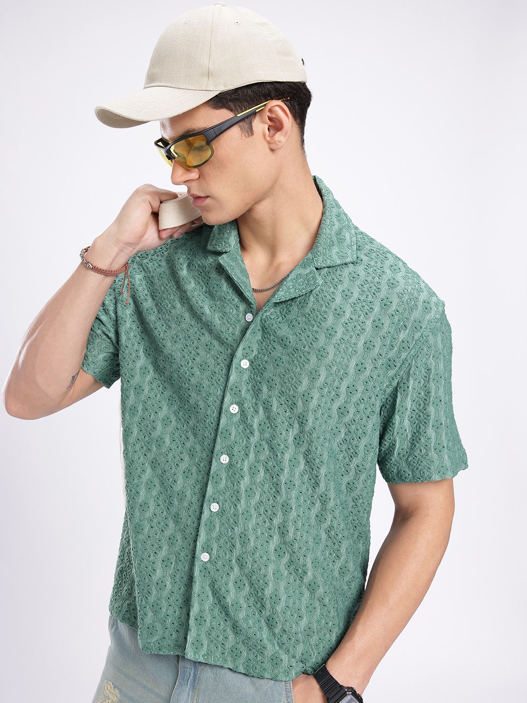 glitchez Oversized Fit Self Design Casual Shirt