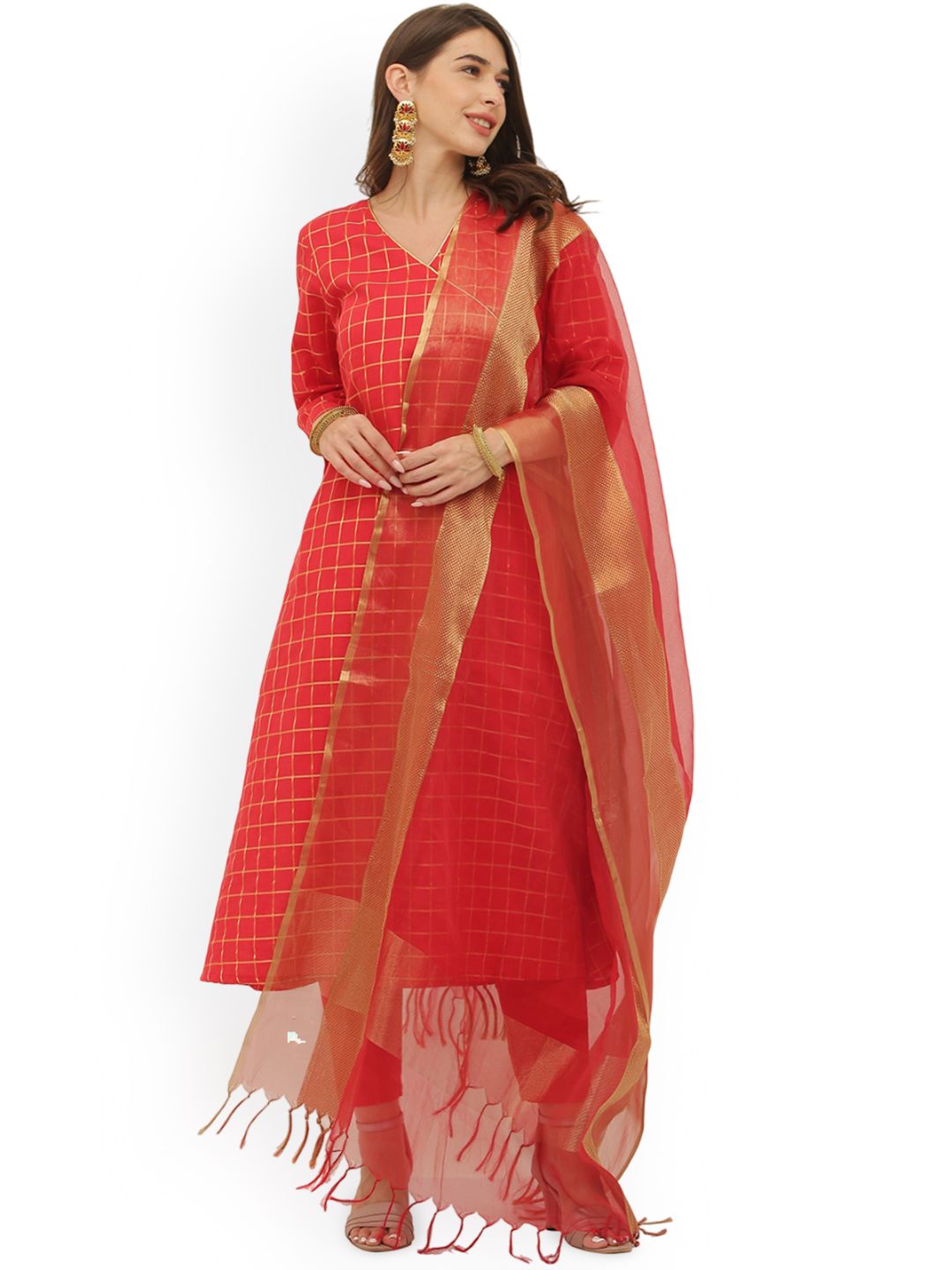 Jivitha Checked Woven Design Angrakha Style A line Pure Cotton Kurta