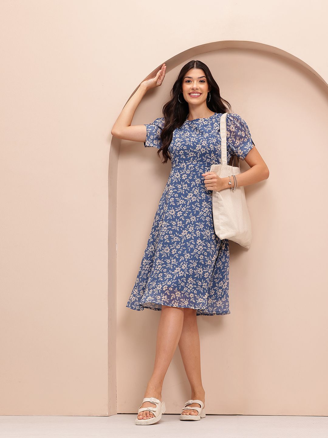 Floral Print Puff Sleeve A-Line Midi Dress 6