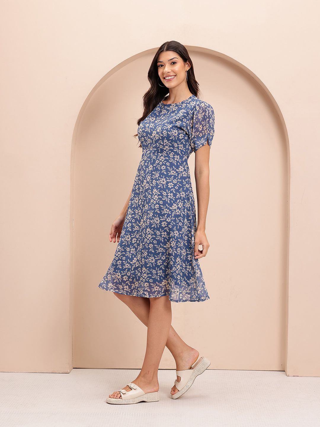 Floral Print Puff Sleeve A-Line Midi Dress