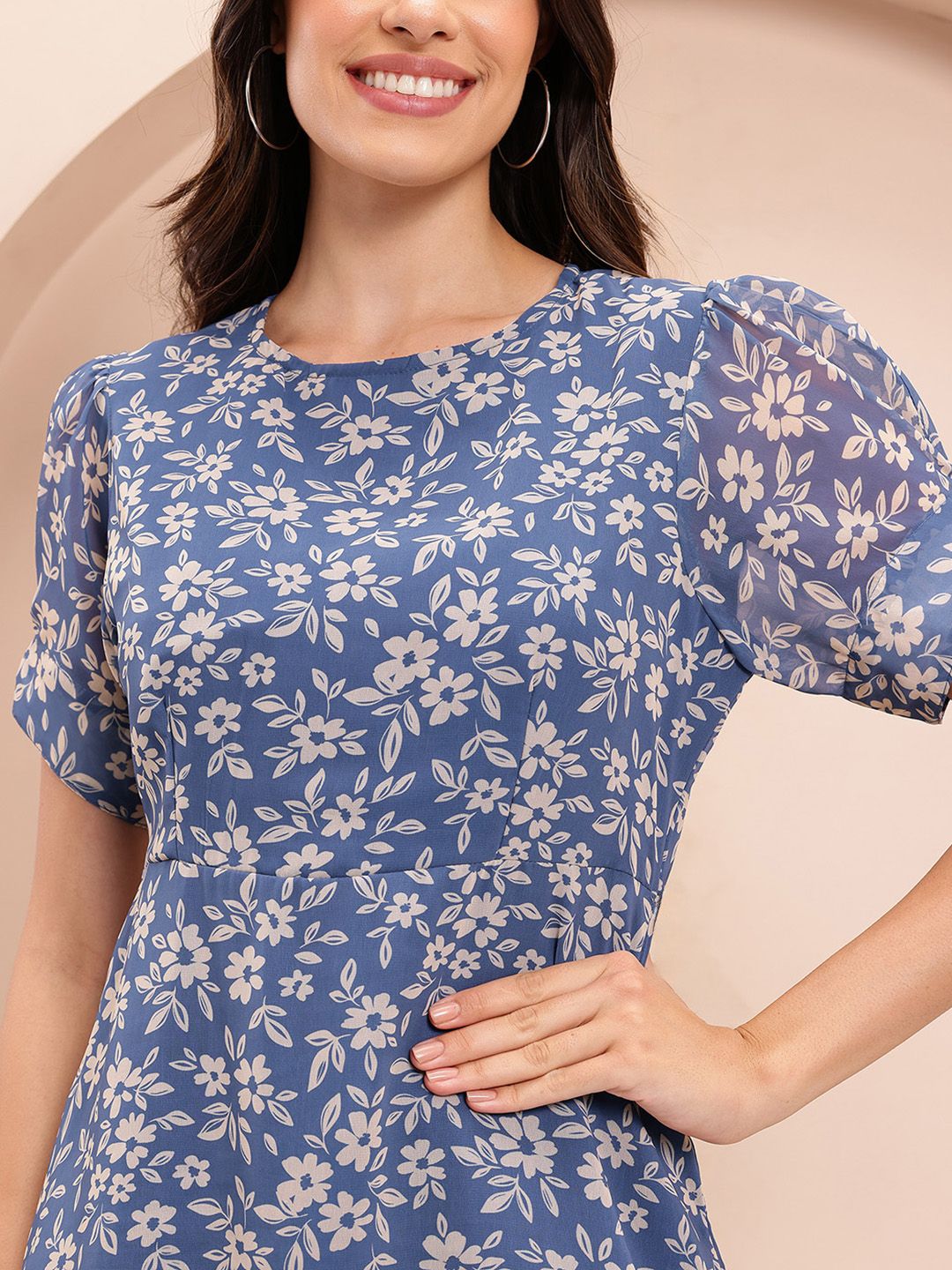 Floral Print Puff Sleeve A-Line Midi Dress 2