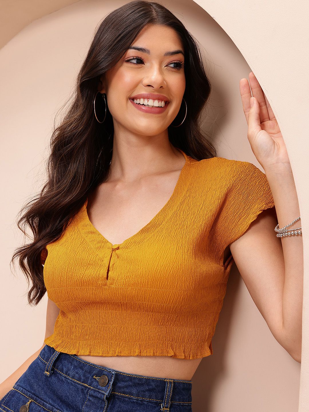 Mast & Harbour Extended Sleeves Smocked V-Neck Crop Top