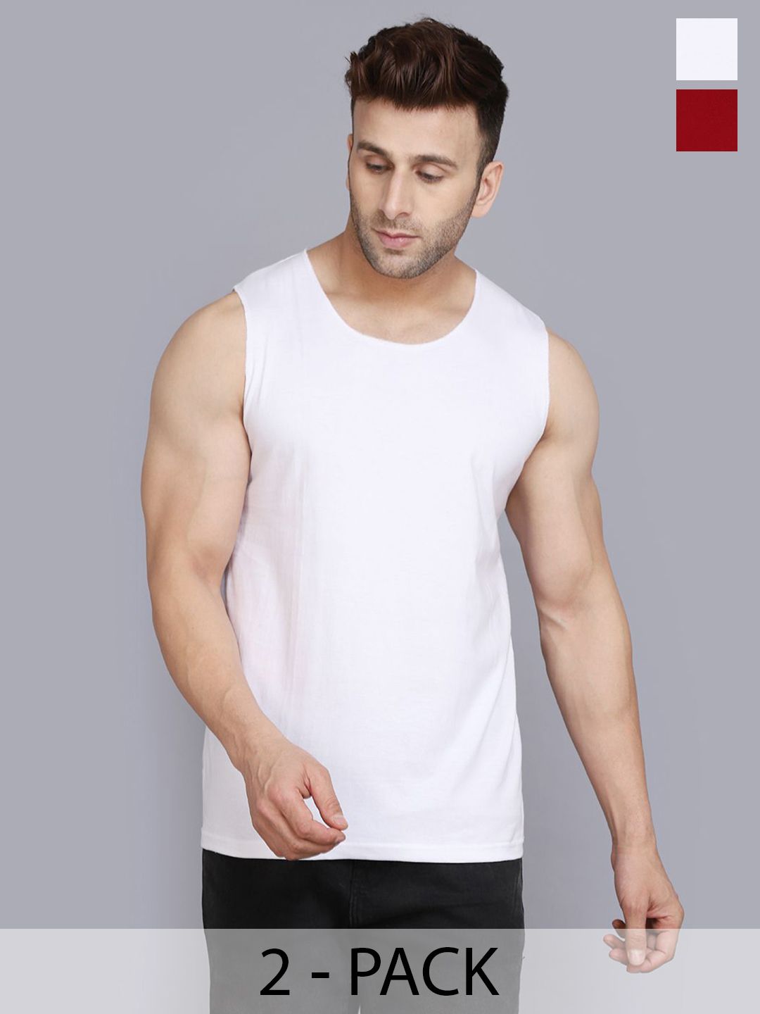 WOOSTRO Pack Of 2 Sleeveless Gym Innerwear Vests RS26 COMBO (WHITE) (MAROON)