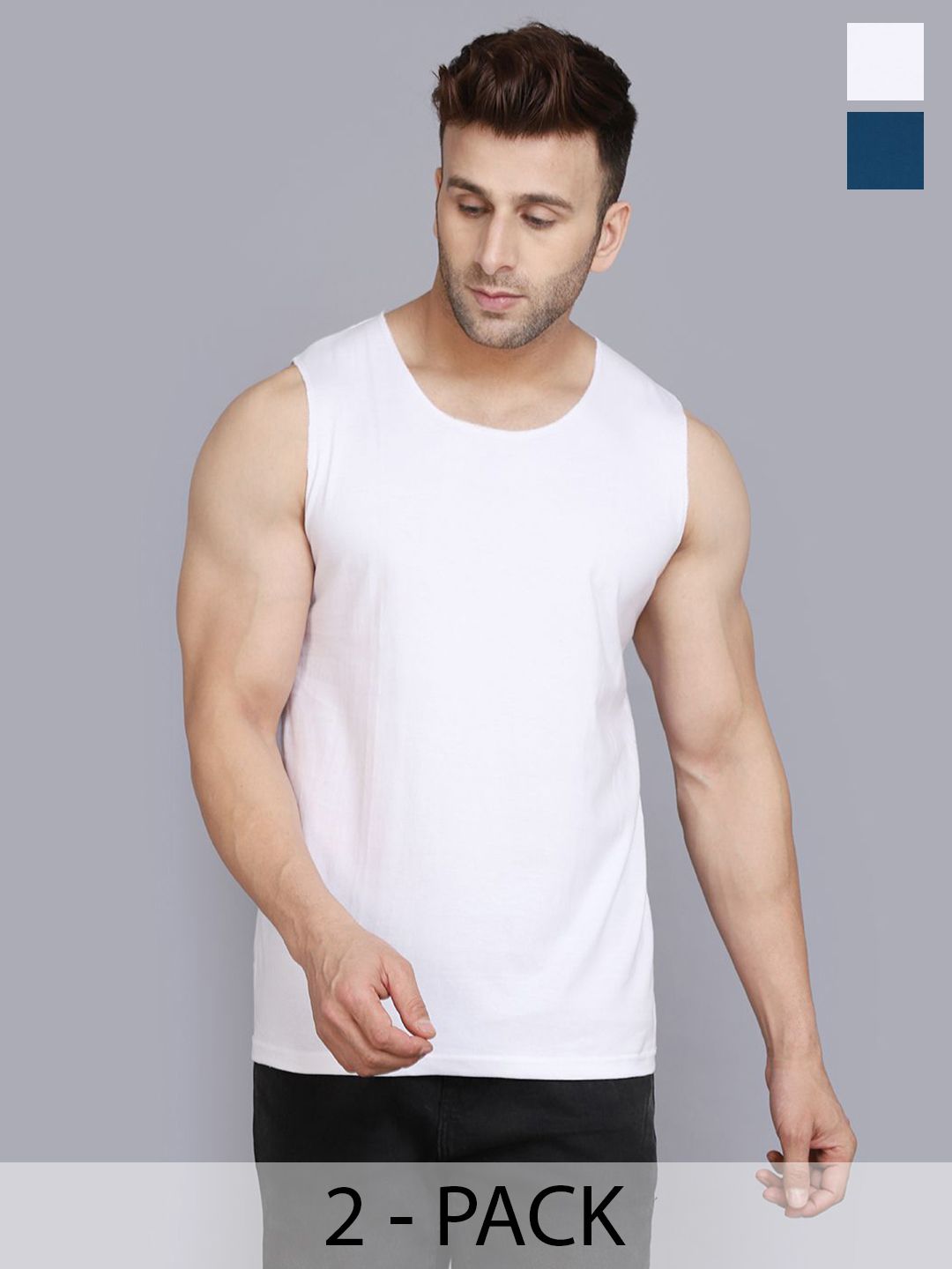 WOOSTRO Men Pack of 2 Sleeveless Gym Innerwear Vests RS26 COMBO (PEACOCK) (WHITE)