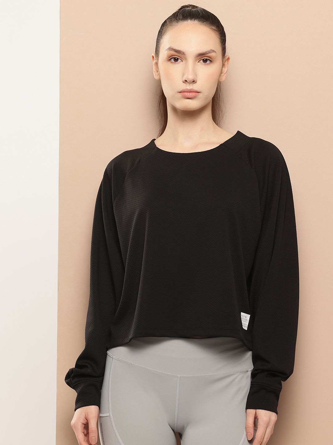 Alcis Women Solid Black Textured Raglan Sleeve Sweatshirt