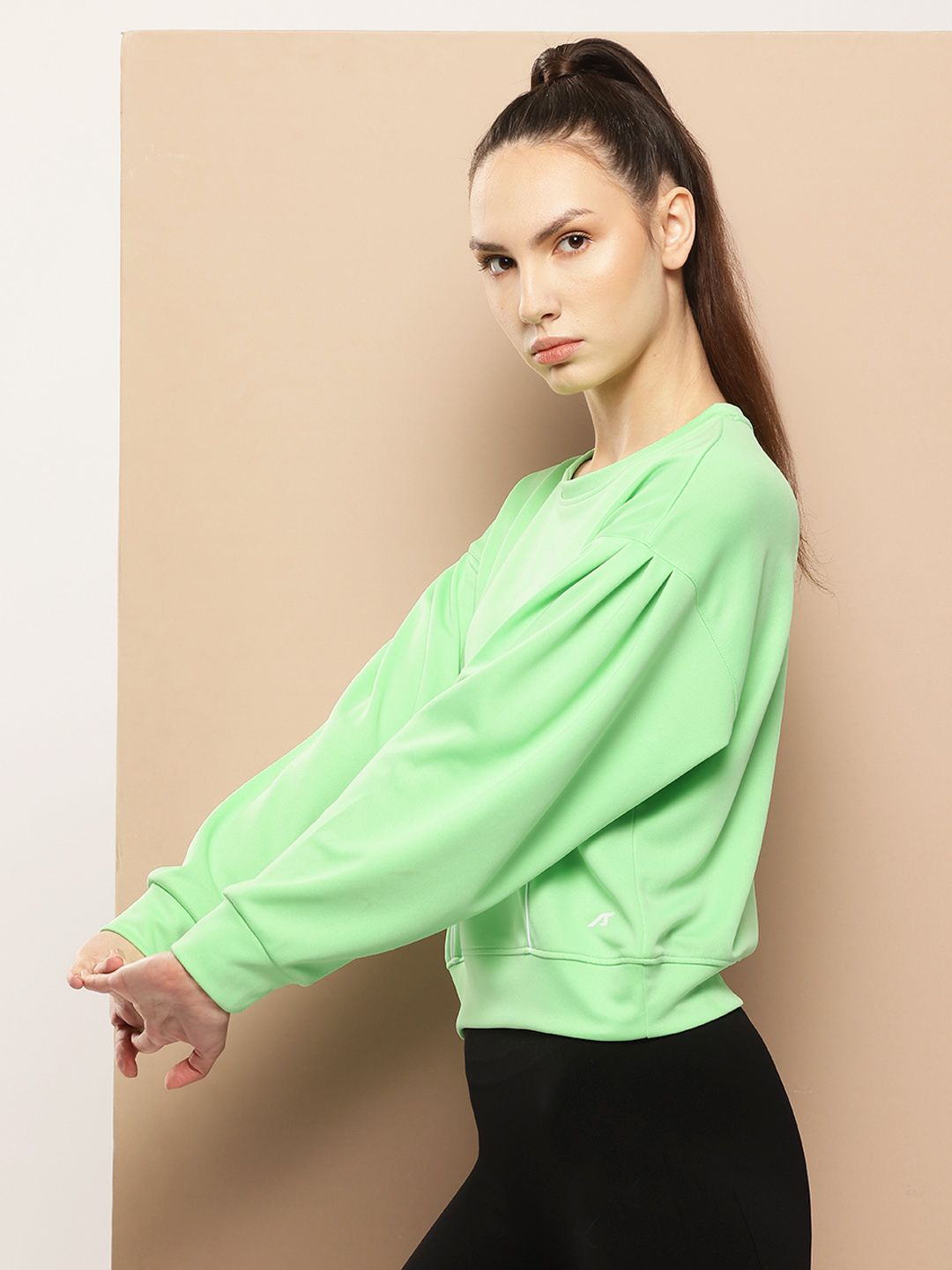 Alcis Women Solid Drop Shoulder Pleated Sleeves Sweatshirt