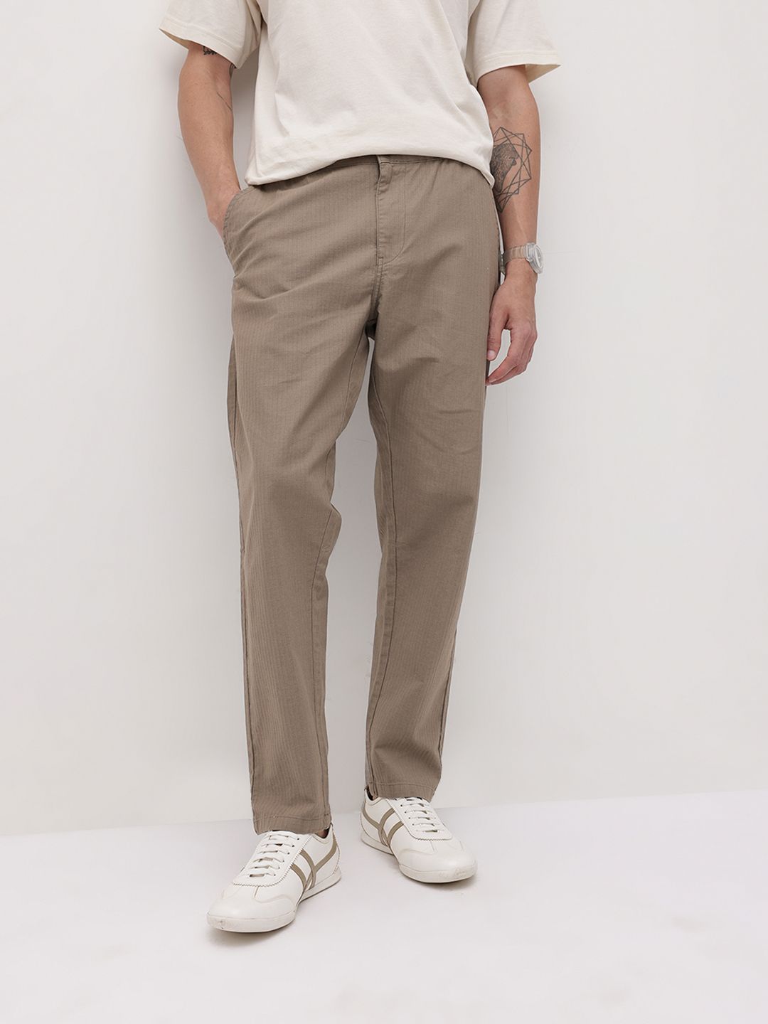The Roadster Life Co. Men Pure Cotton Self Striped Relaxed Fit Trousers