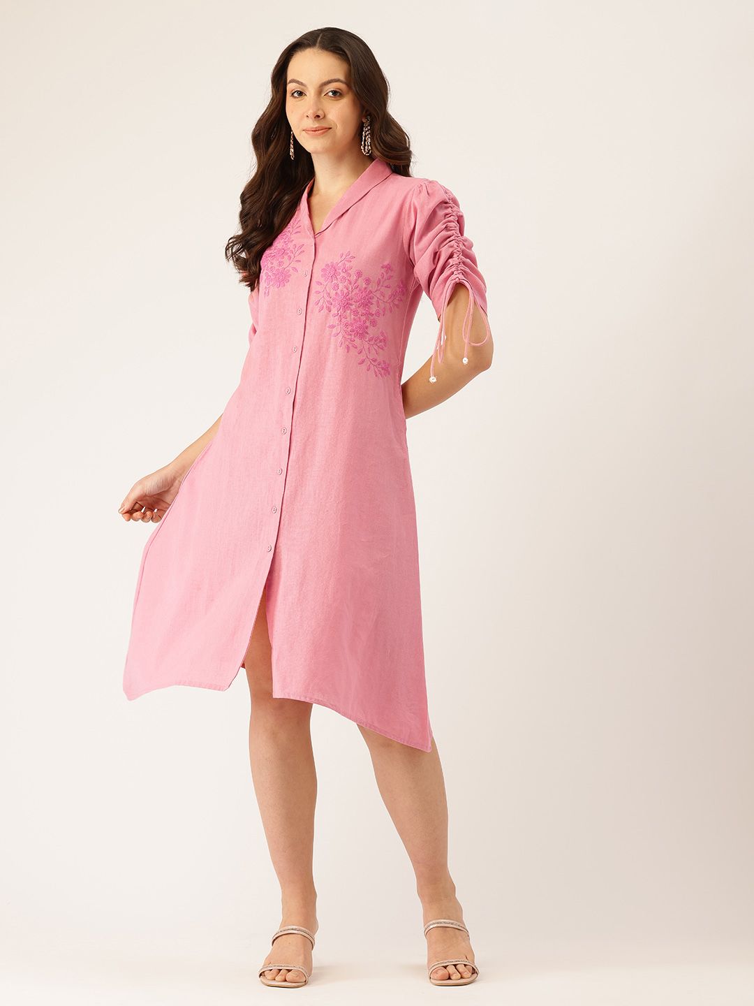 MISRI Floral Embroidered Puff Sleeve Shift Dress with Tie Up Sleeves