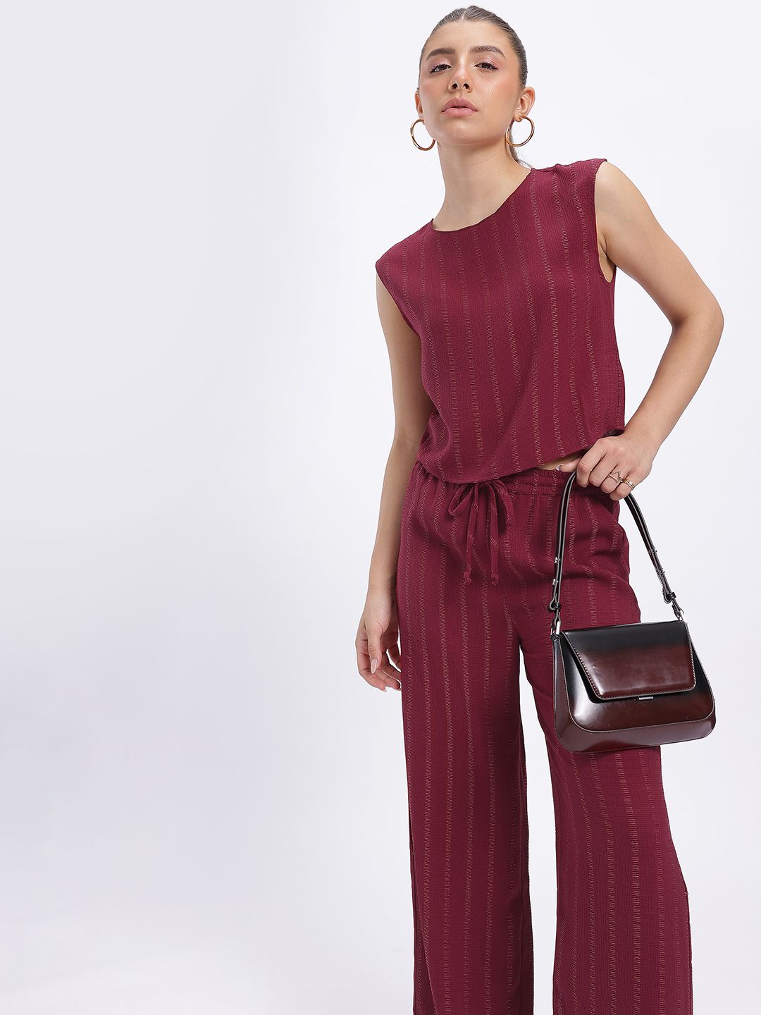 glitchez Maroon Striped Crop Top with Trousers