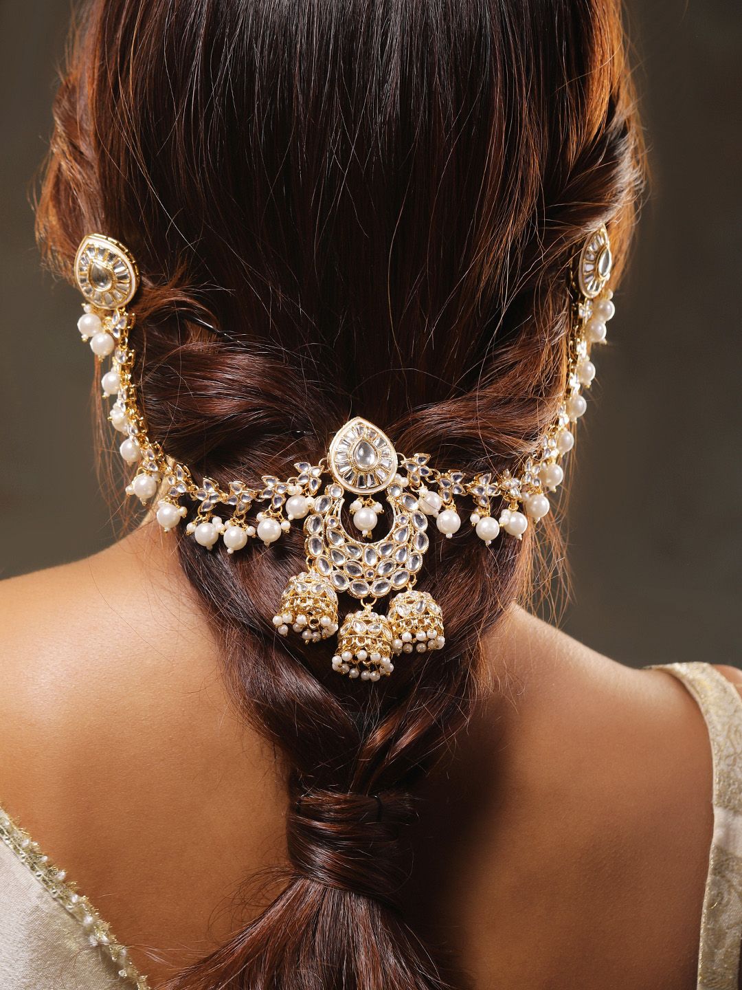 Rubans 22K Gold Plated Kundan & Pearl Studded Bridal Matha Patti Head Jewellery