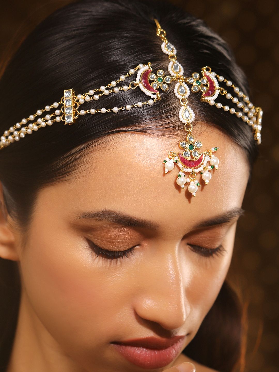 Rubans 22K Gold Plated Kundan & Pearl Studded Multi Strand Bridal Mattha Patti Headpiece