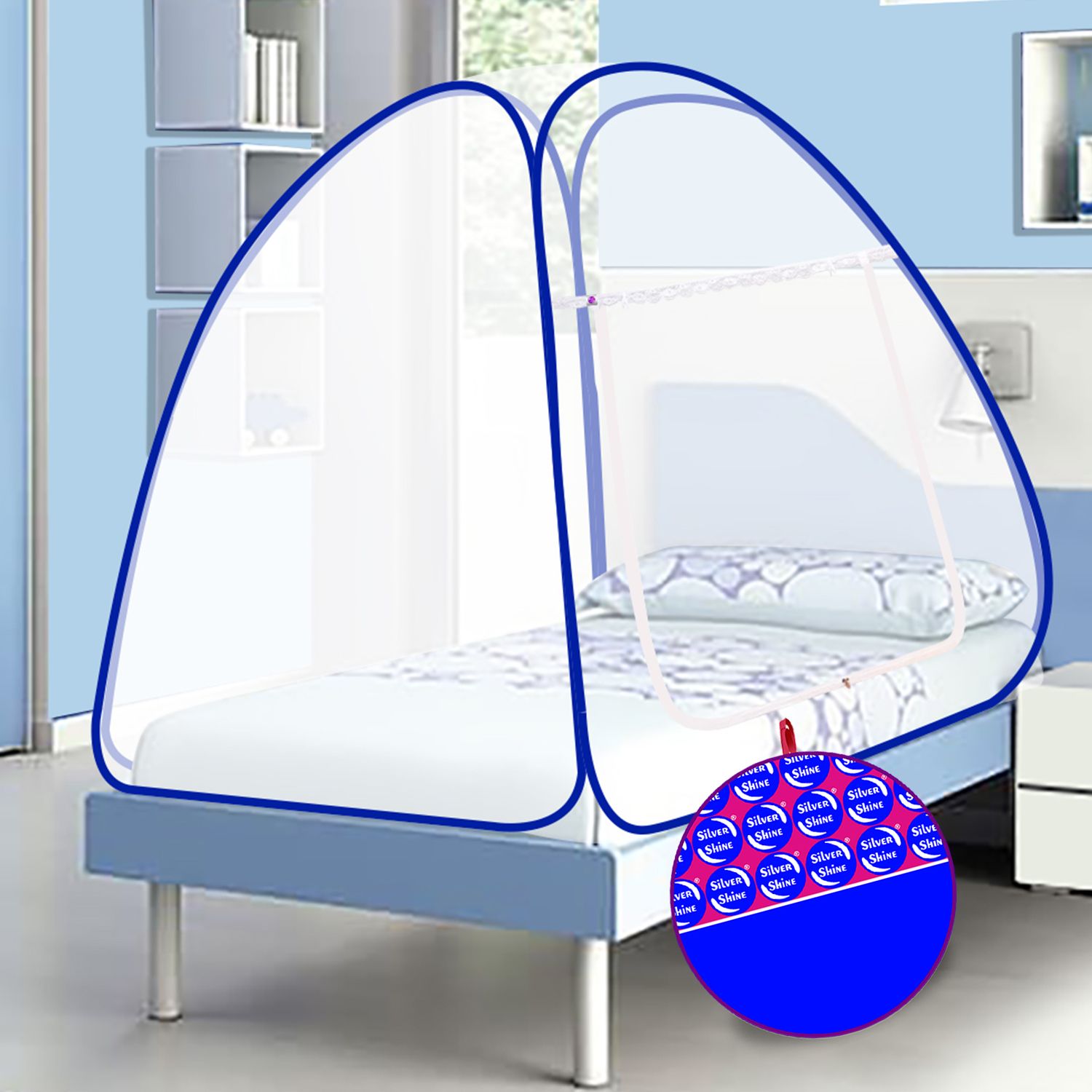 Silver Shine Blue & White Single Bed Foldable Tent Mosquito Net