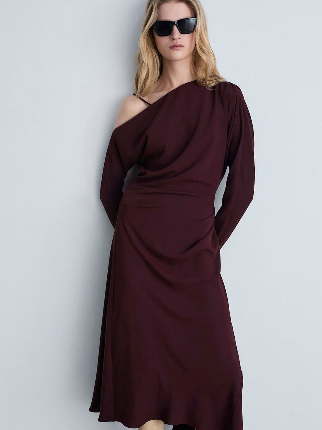 MANGO Ruched Effect One Shoulder Asymmetric Midi A-Line Dress