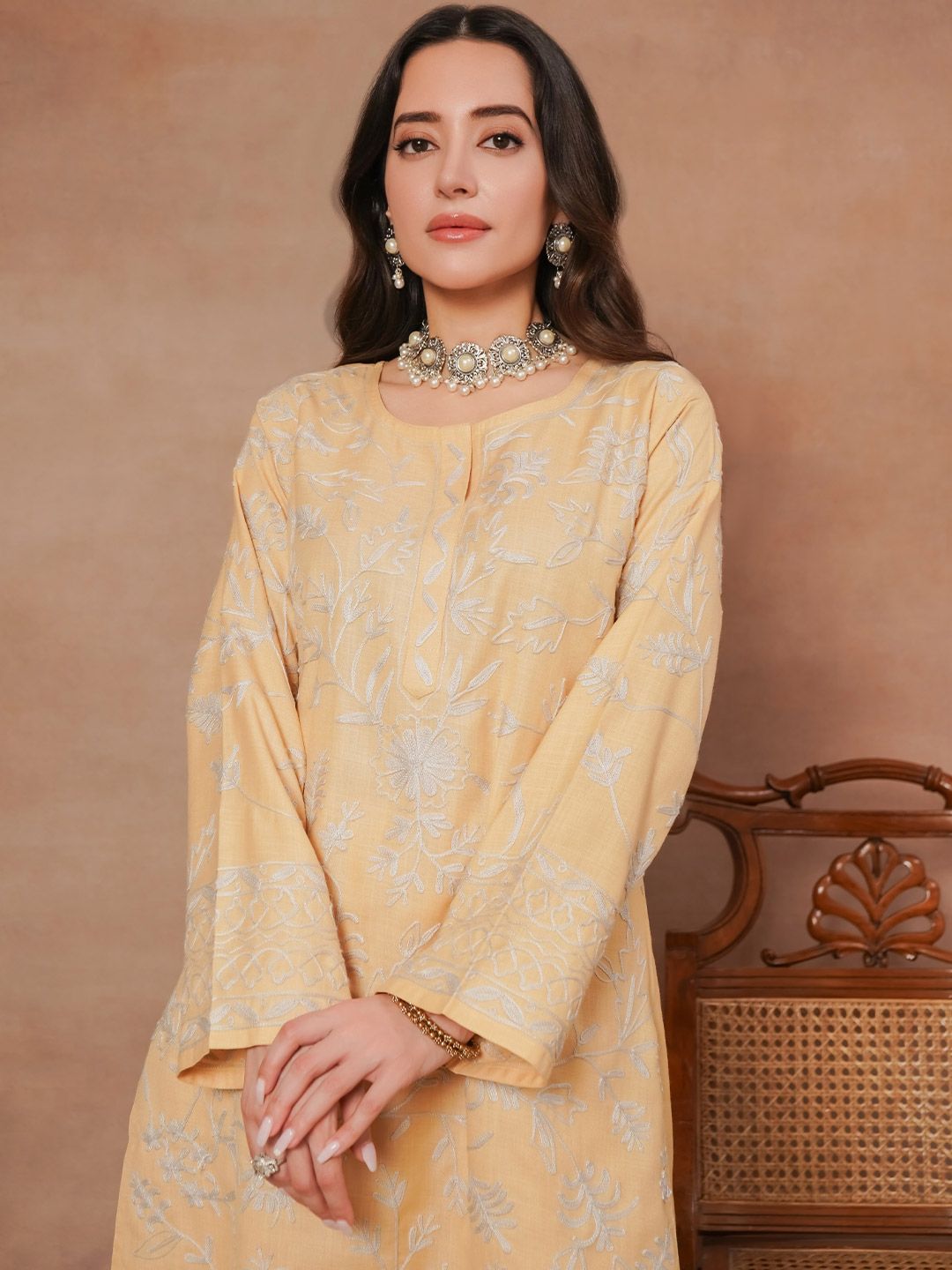 HOUSE OF KARI Floral Embroidered Thread Work Pure Cotton Straight Kurta with Trousers
