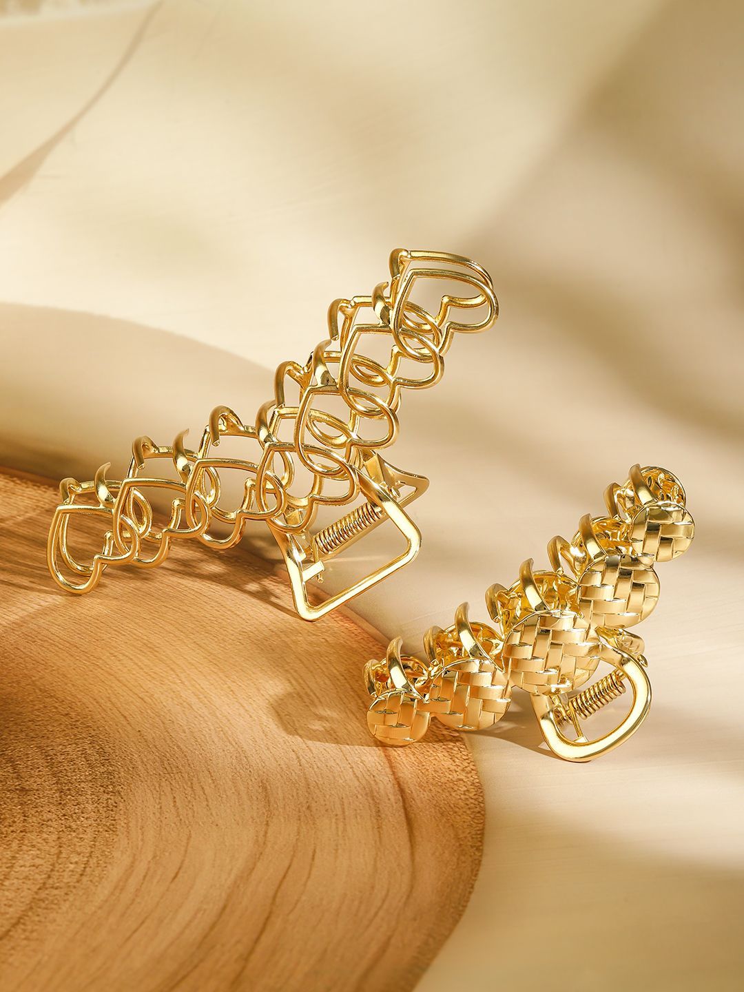 Rubans Set Of 2 18K Gold Plated Hair Claw Clips - Heart & Braided Statement Hair Accessory