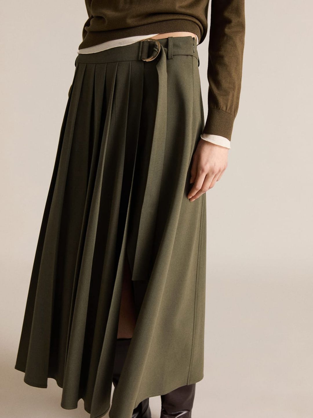 MANGO Box Pleated Belted Side Slit Flared Midi Skirt