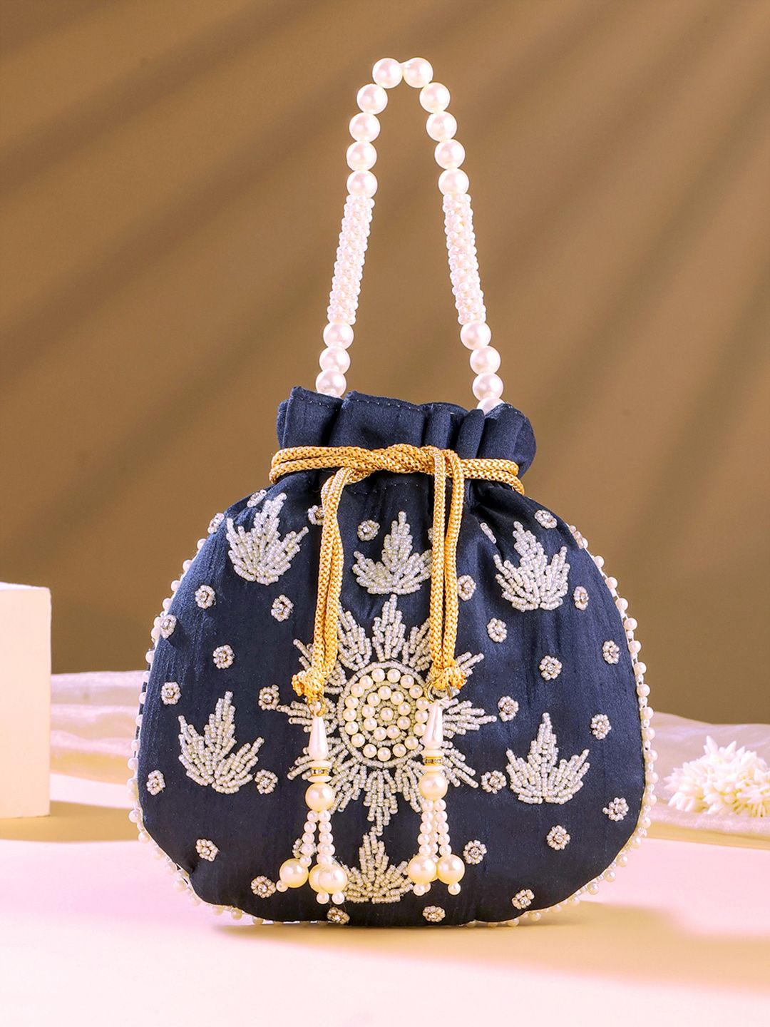 Yellow Chimes Pearl Beaded Blue Embellished Wristlet Potli Clutch