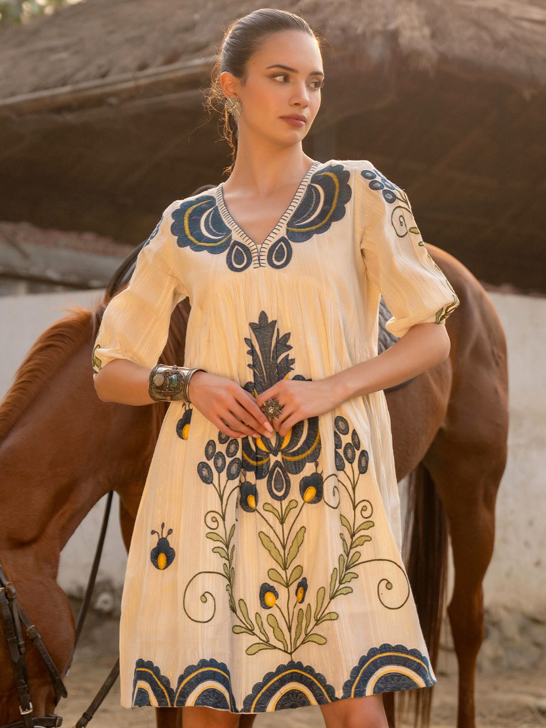 ZUMMER Cotton Floral Embroidered Puff Sleeve Empire Dress