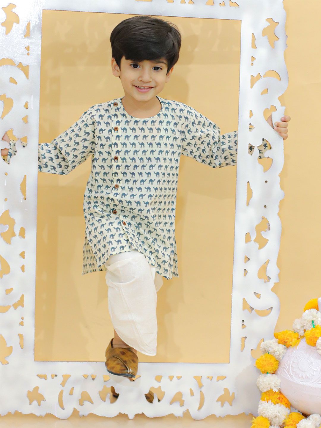 MoMaa Boys Animal Printed Angrakha Pure Cotton Kurta with Dhoti Pants