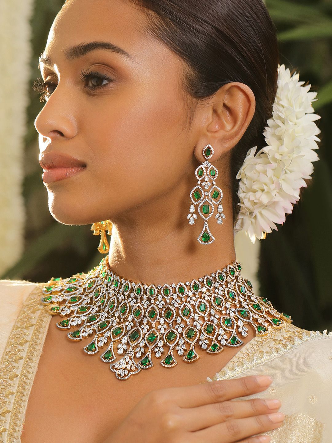 Rubans 24K Gold Plated Emerald & Cubic Zirconia Studded Jewelry Set