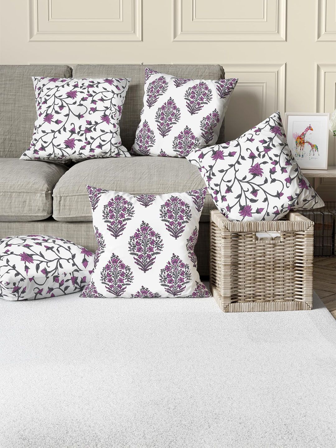 Trance Home Linen Mauve & White 5 Pieces Floral Printed Linen Square Cushion Covers