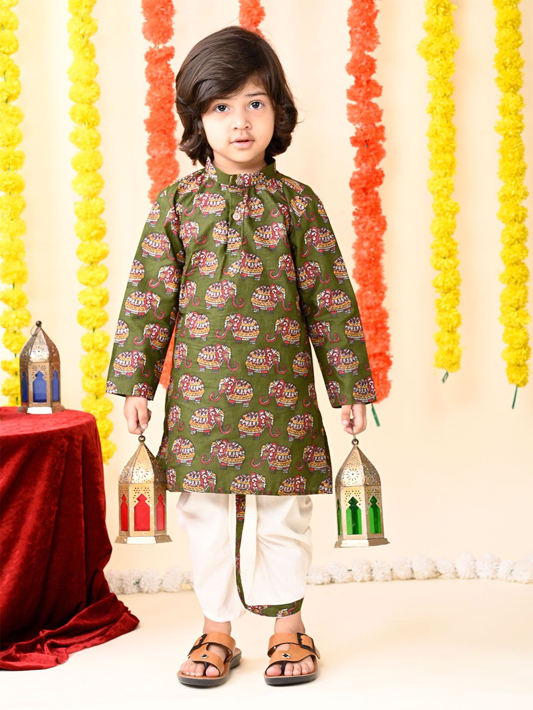 MoMaa Boys Animal Printed Regular Pure Cotton Kurta with Dhoti Pants