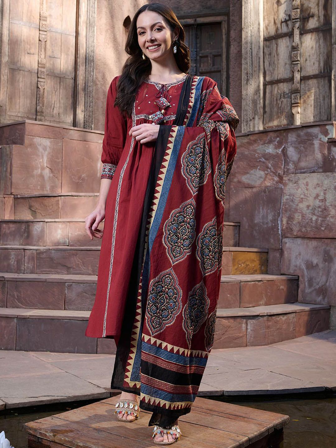 Women Regular Sequinned Pure Cotton Kurta with Trousers & With Dupatta 2