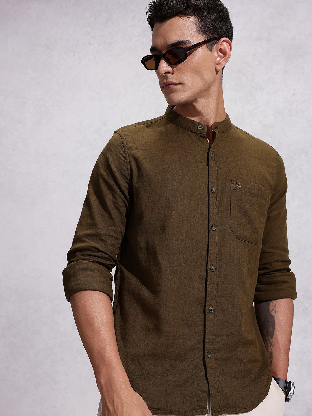 WROGN Band Collar Pure Cotton Casual Shirt