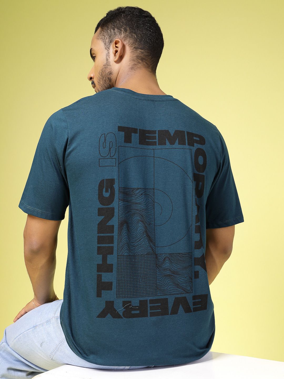 Teal & Black Graphic Longline Round Neck T-shirt