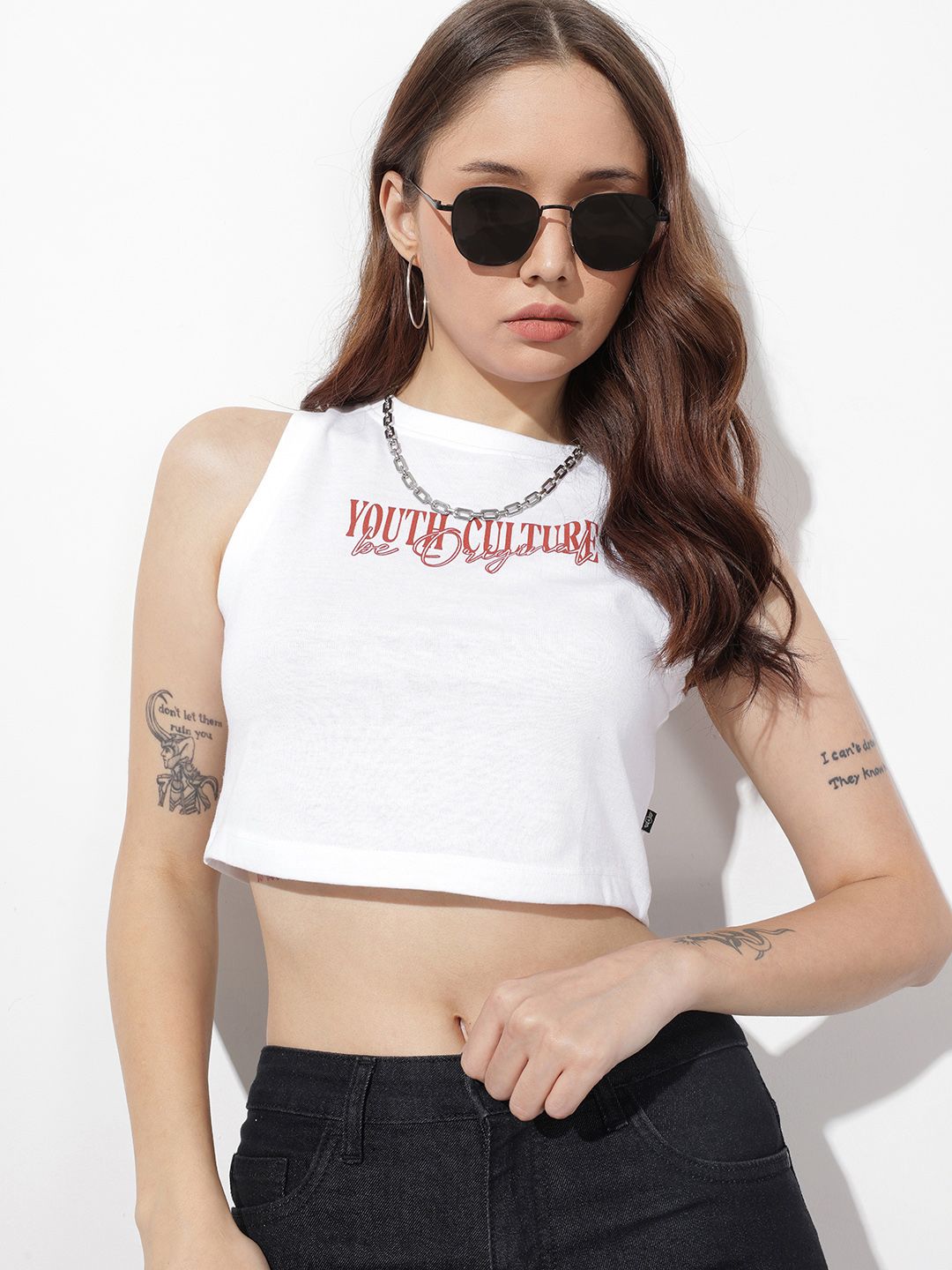 The Roadster Life Co. Typography Printed Sleeveless Slim Fit Crop T-shirt