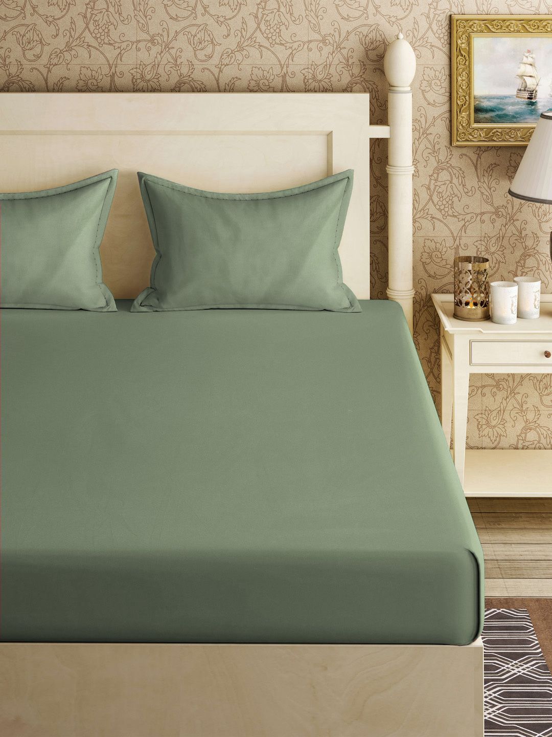 Buy Myntra Elegant Homes Green Solid 300 TC Fitted King Bedsheet & 2 Pillow Covers 250X225 Cm -  - Home for Unisex
