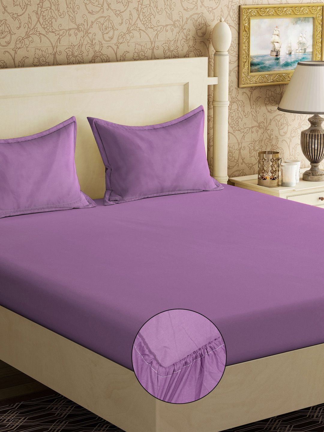 Buy Myntra Elegant Homes Purple Solid 300 TC Fitted King Fine Bedsheet With 2 Pillow Covers -  - Home for Unisex