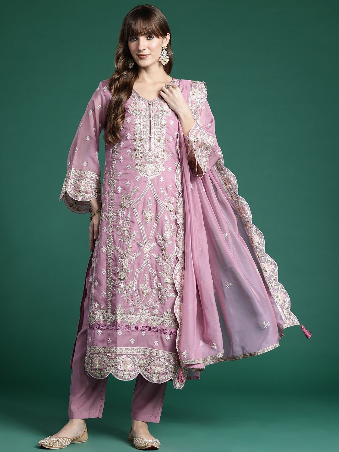 Indo Era Ethnic Motifs Embroidered Sequinned Kurta With Trousers & Dupatta