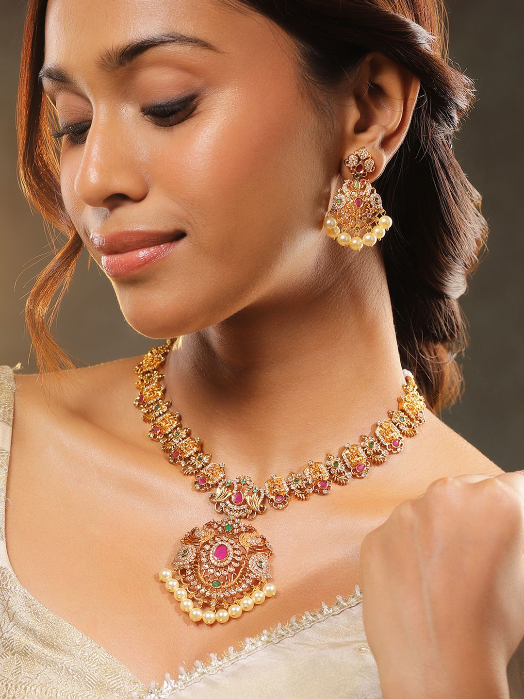 Rubans 24K Gold-Plated Ruby Emerald CZ & Pearl Beads Studded Lakshmi Temple Jewellery Set