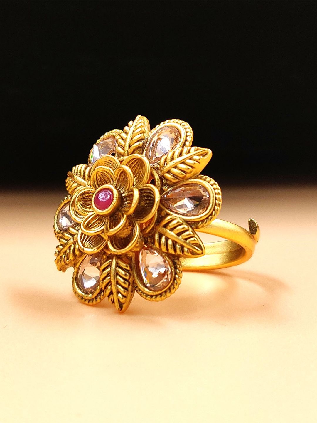 JYONA Gold-Plated Stone-Studded Adjustable Finger Ring