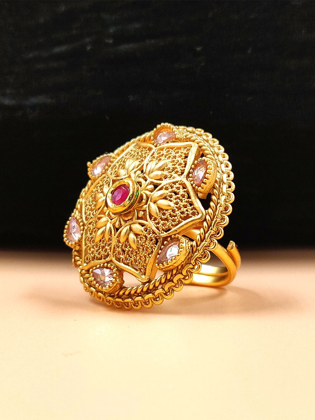 JYONA Gold-Plated Stone-Studded Adjustable Finger Ring