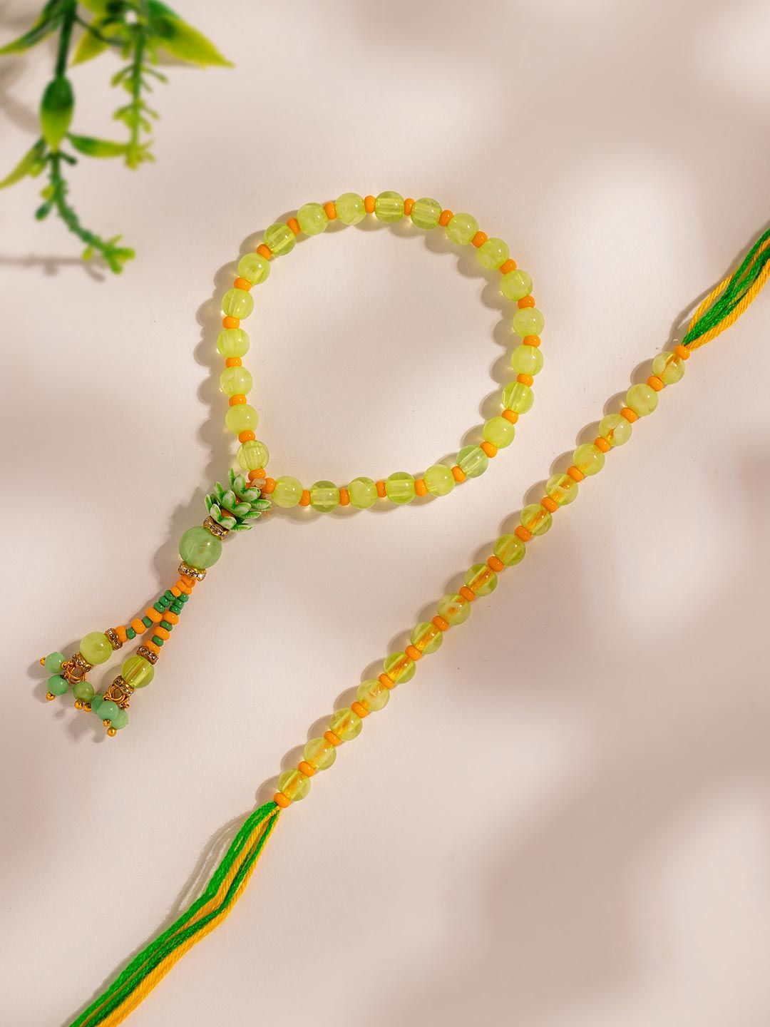 Sunshine Green Beaded Bhaiya Bhabhi Rakhi Set