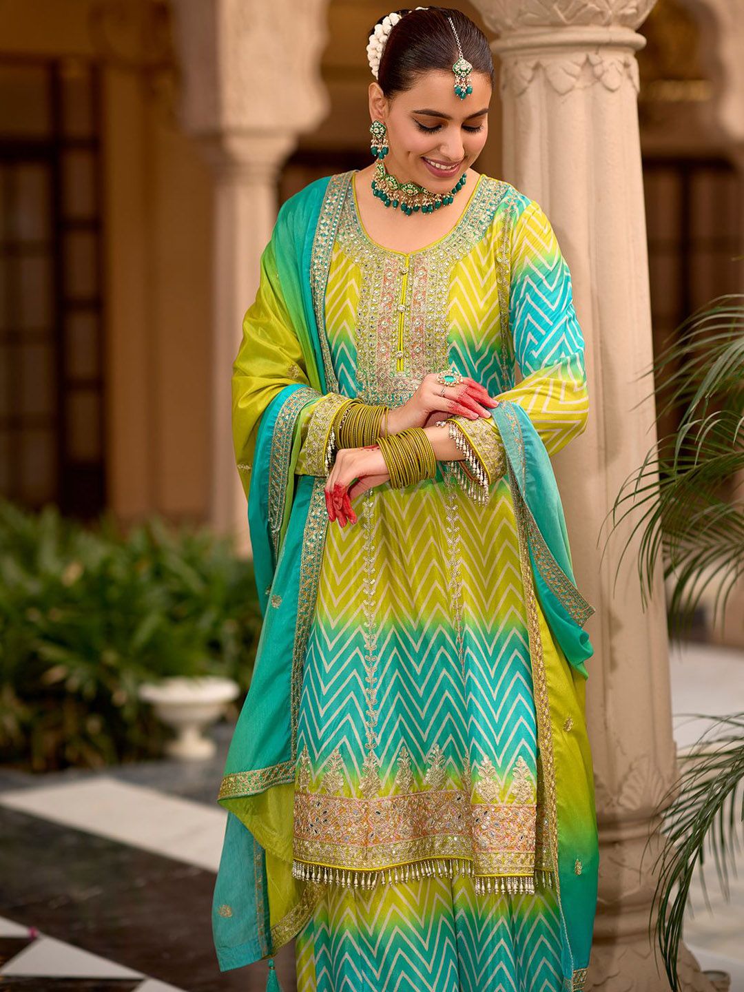 Indo Era Floral Embroidered Sequinned Chinon A-line Kurta With Palazzos & Dupatta