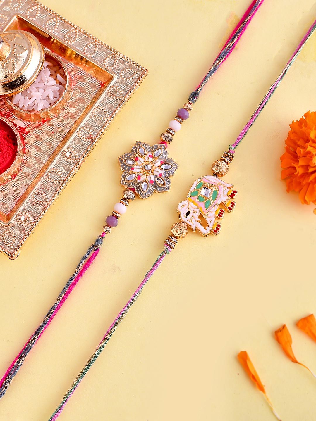 Pack of 2 Meenakari Kundan Floral And Elephant Rakhi