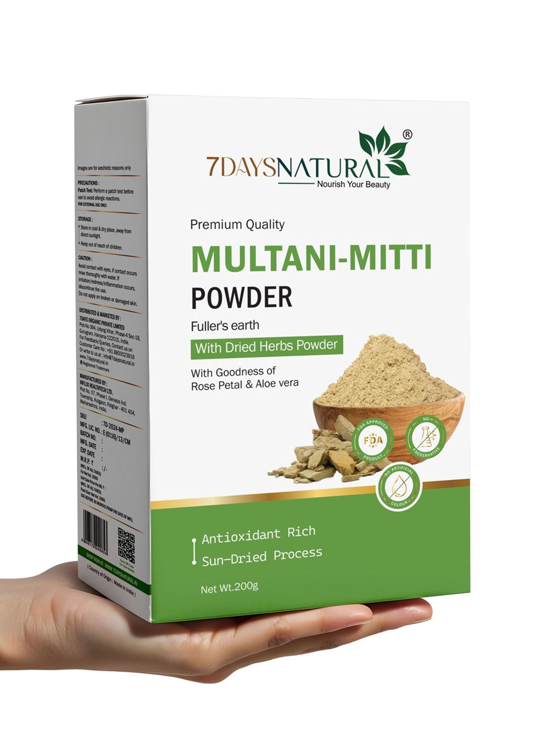 7DAYSNATURAL Herbal Powder Mask With Multani Mitti & Neem For Oil Control - 200G