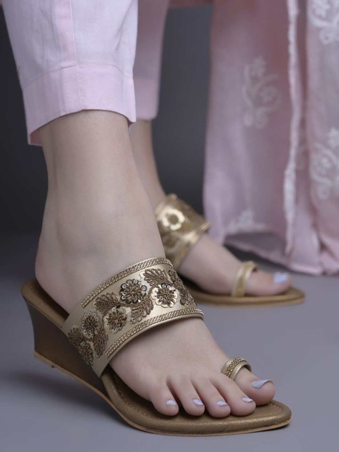 JM Looks With Embroidered Embellished Open Toe Flatform Heels