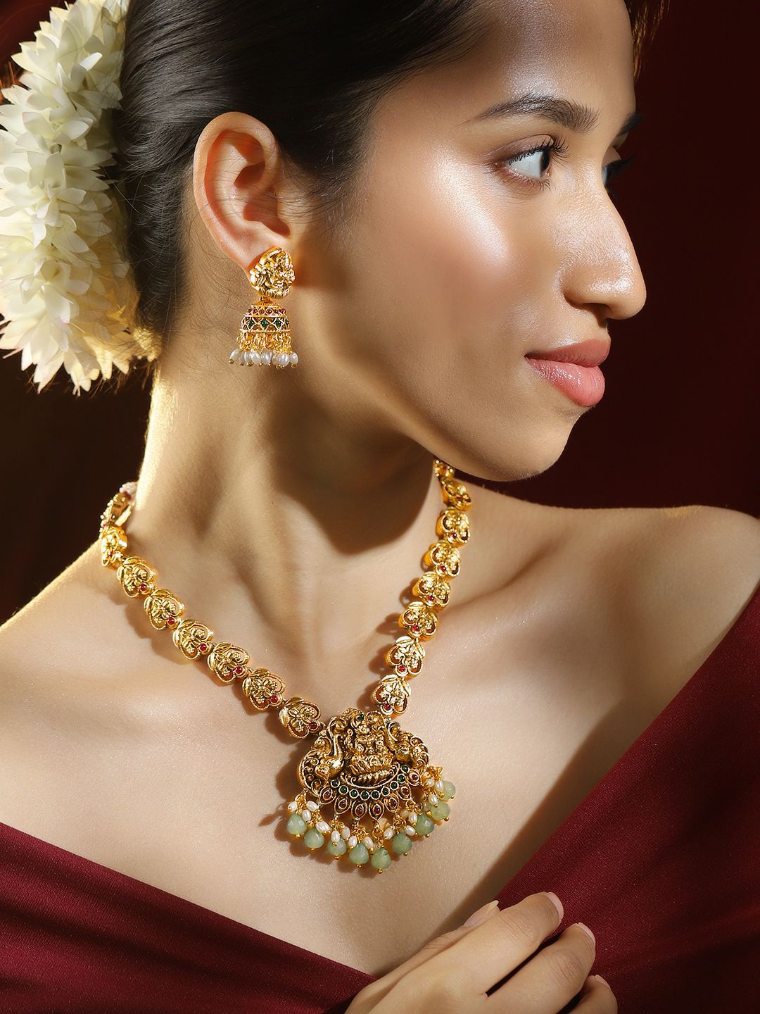 Rubans 22K Gold-Plated Ruby Emerald & Mint Green-White Beaded Lakshmi Temple Necklace Set