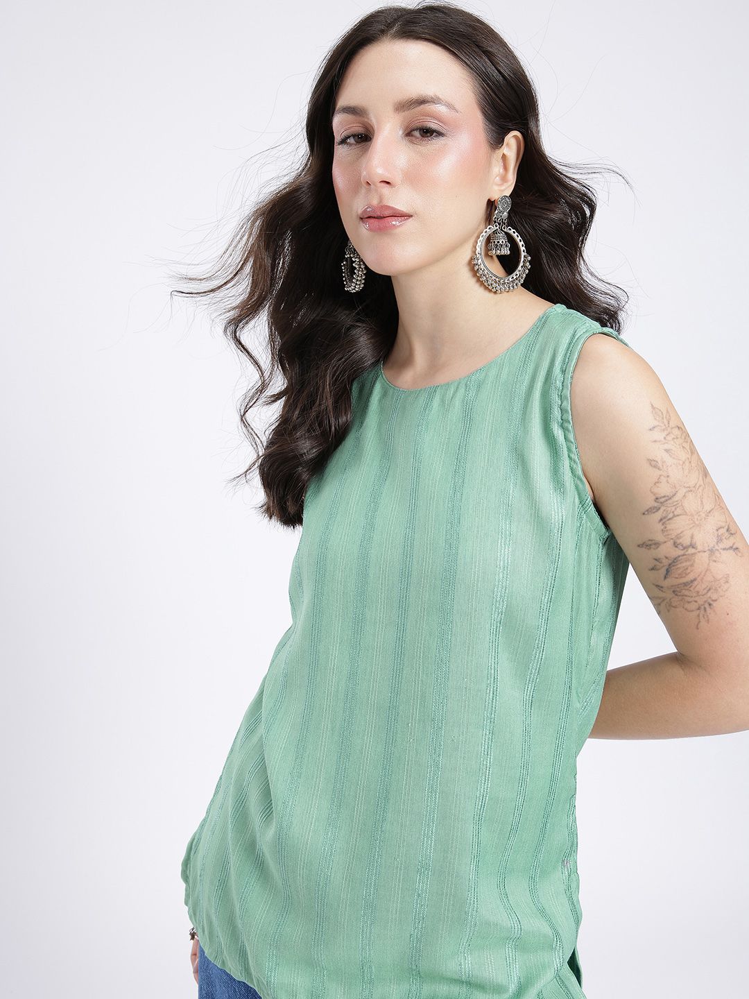 Anouk Rustic Woven Design Striped Straight Sleeveless Kurti