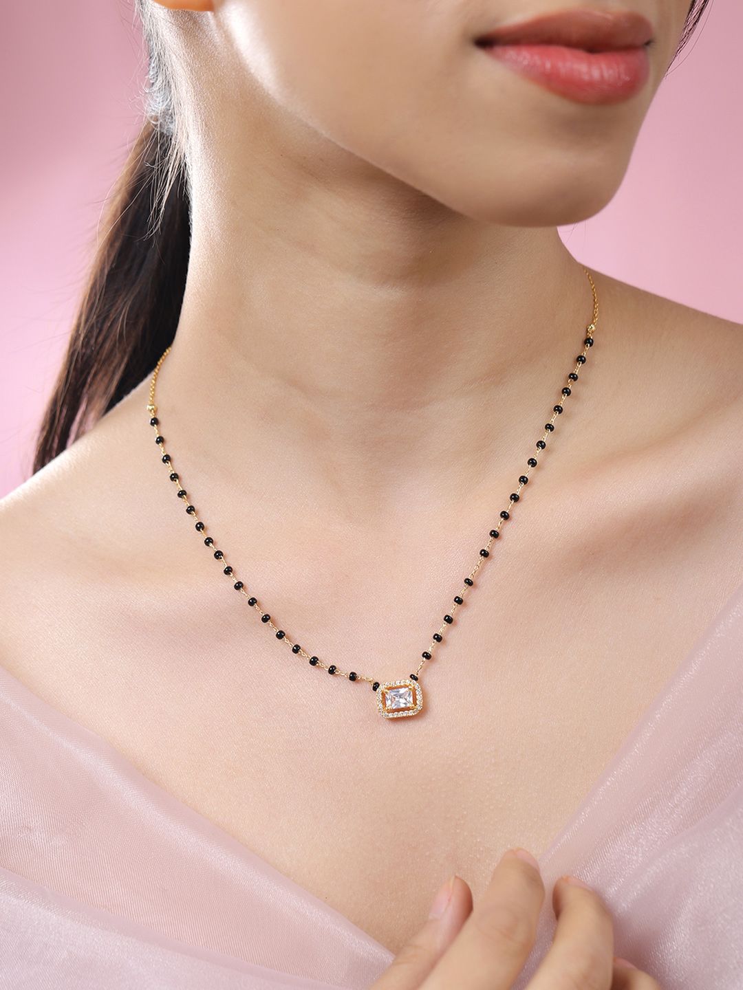 Buy Rubans 22K Gold Plated And Black Beaded With White Cubic Zirconia Studded Mangalsutra -  - Accessories for Women