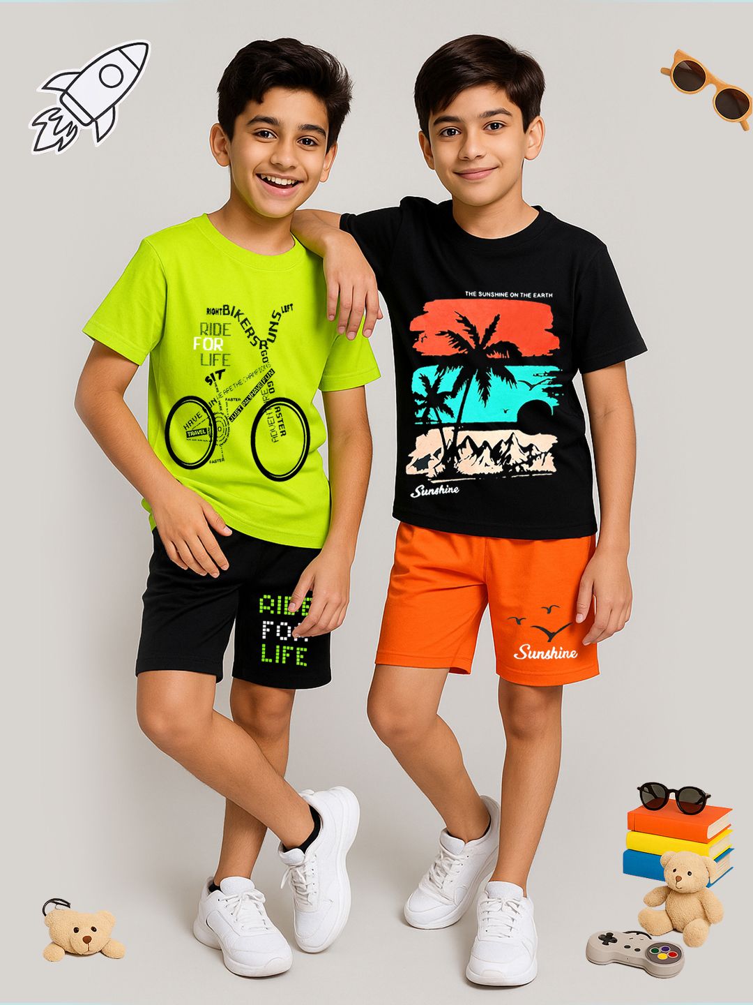 KUCHIPOO Boys Pack Of 2 Printed Round Neck T-Shirts With Shorts