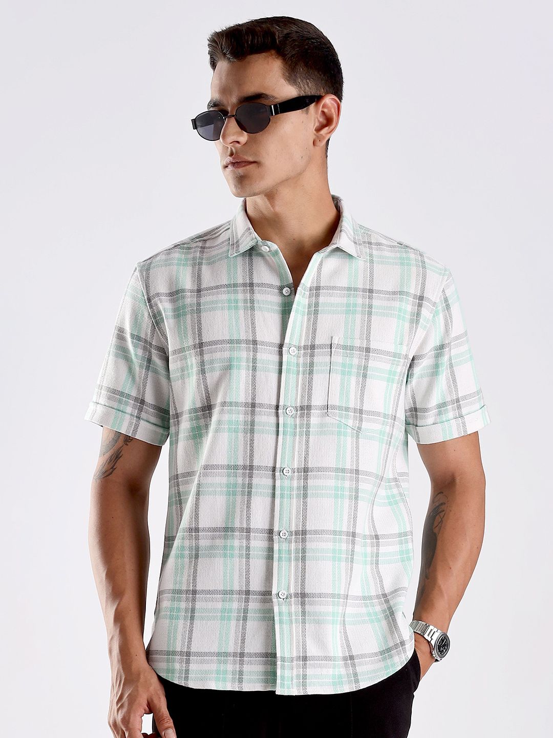 HERE&NOW Men Tartan Checked Spread Collar Casual Shirt