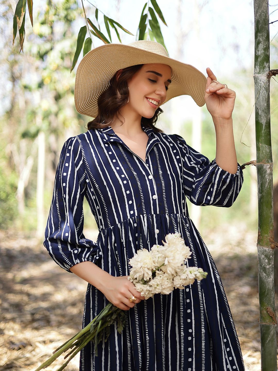 Stylum Striped Puff Sleeve A-Line Dress