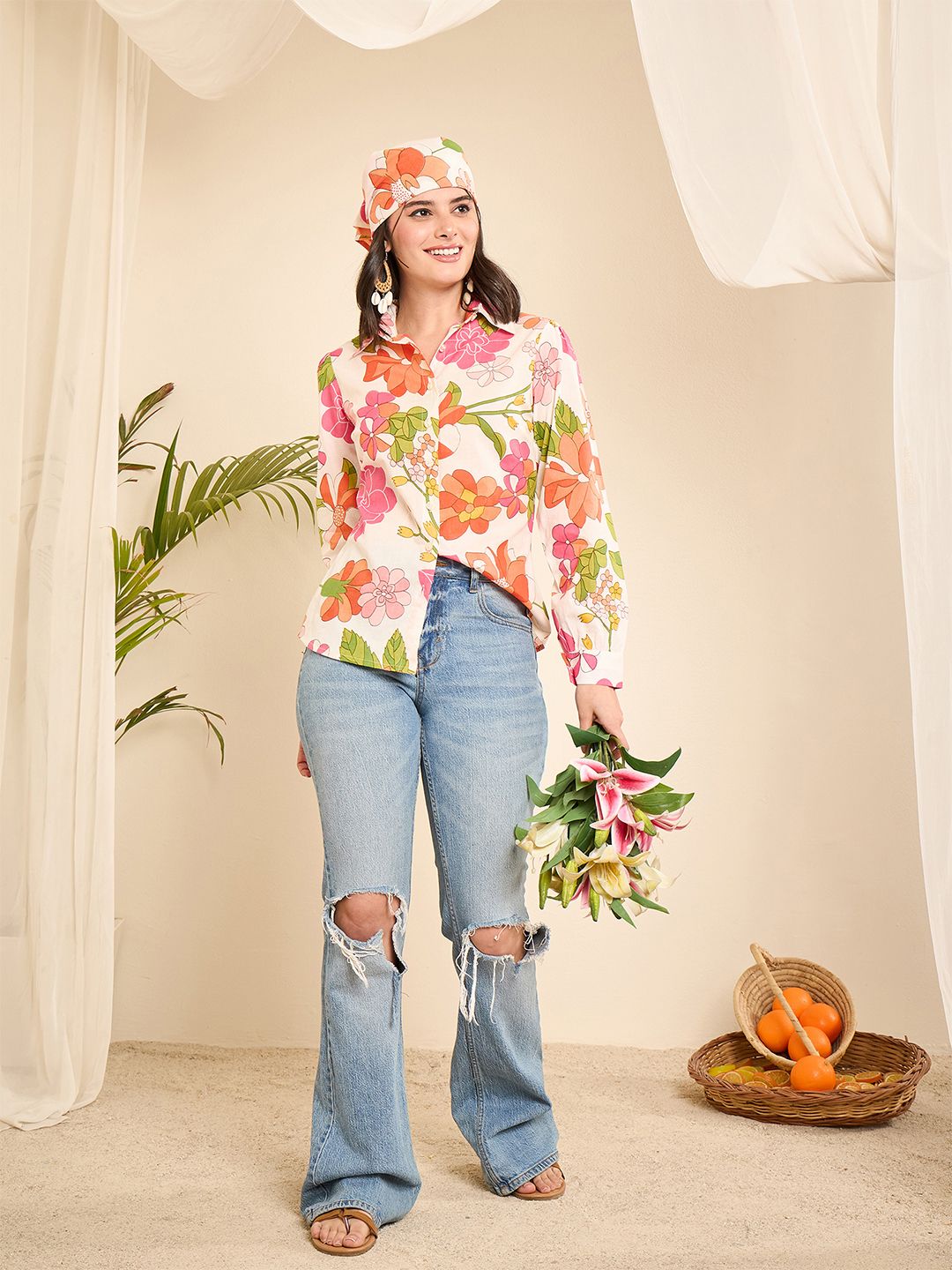 WineRed Floral Print Cotton Shirt Style Top