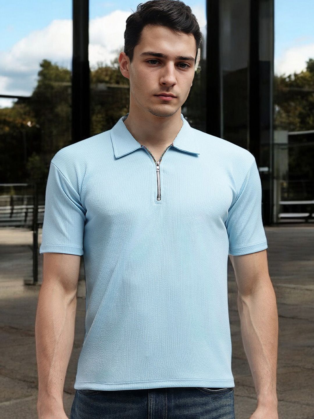 FARROWX Men Self Knitted Zipper Polo Collar T-shirt